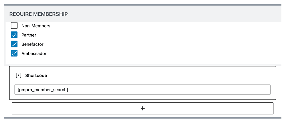 Example of the Require Membership Block with Member Search Shortcode