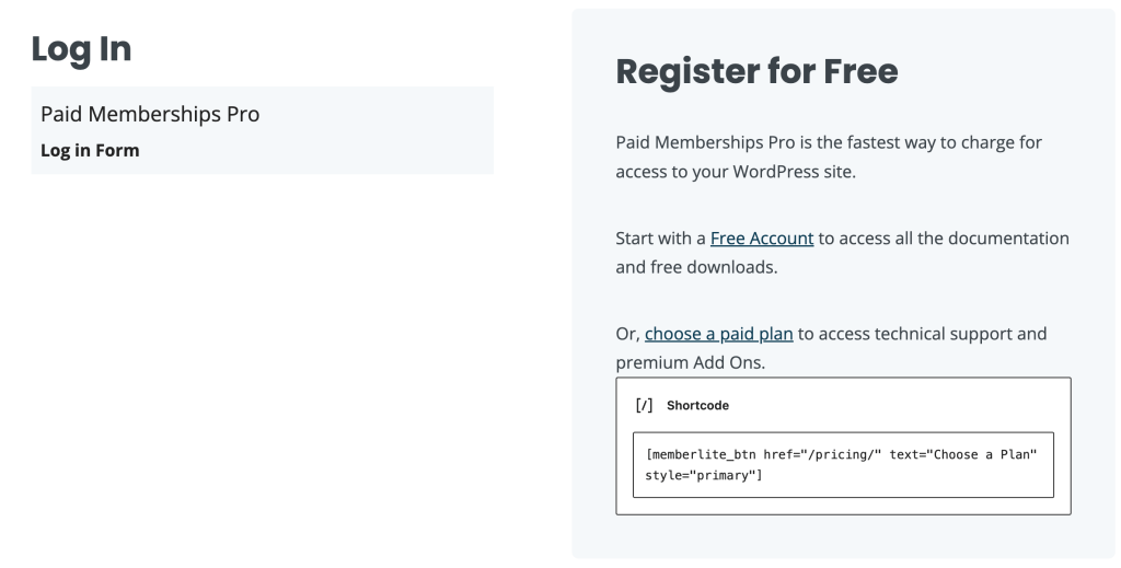 Example of the WordPress block editor with custom content on the PMPro Login Page