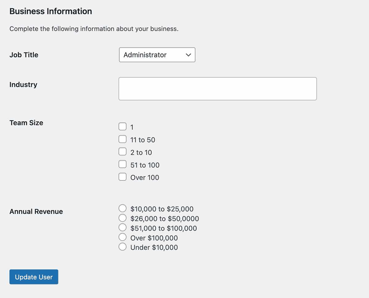 Screenshot of Edit User Screen in WordPress Admin with User Taxonomy Field Types