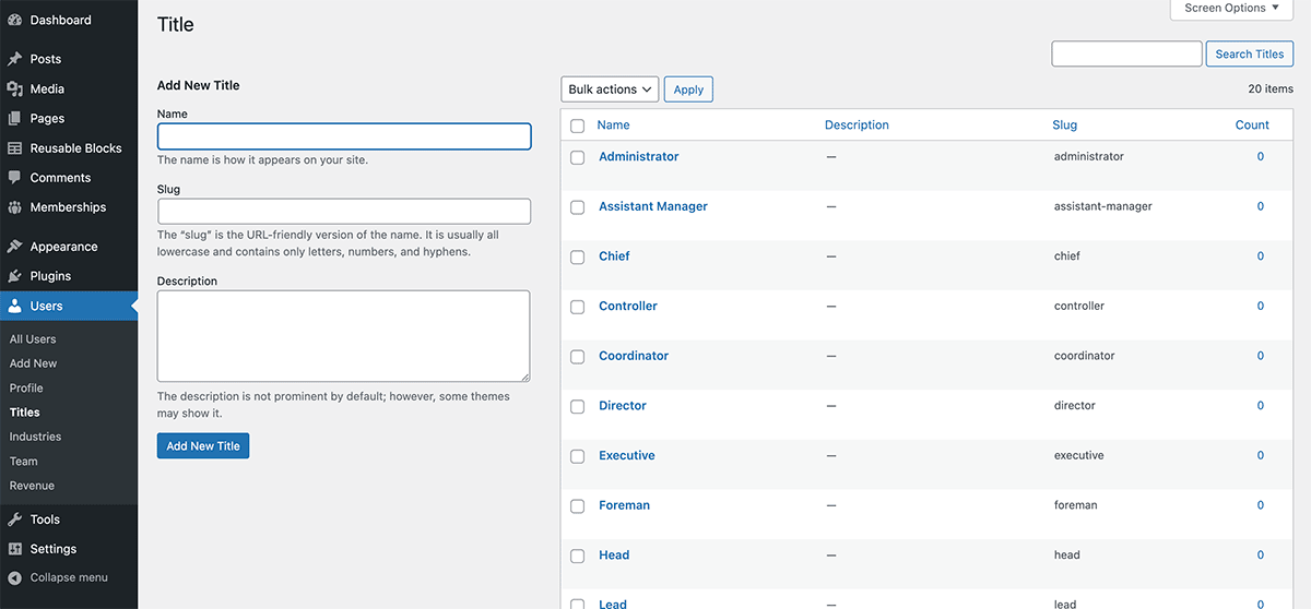 Screenshot of the Users > Taxonomies Screen in WordPress Admin to Create New Terms For Your Taxonomy