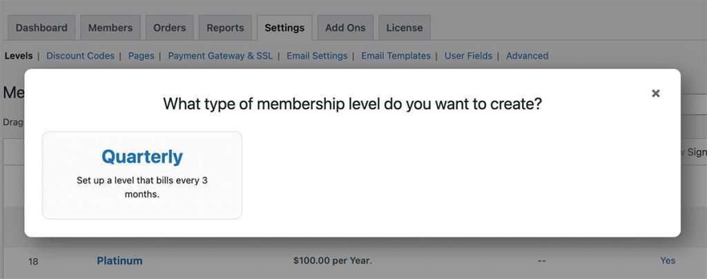 Quarterly membership level in template pop up
