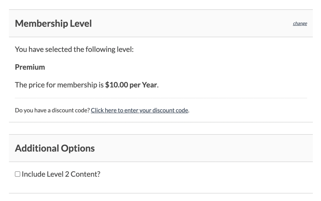 Membership Level Checkout with Additional Options to Include Level 2 Content