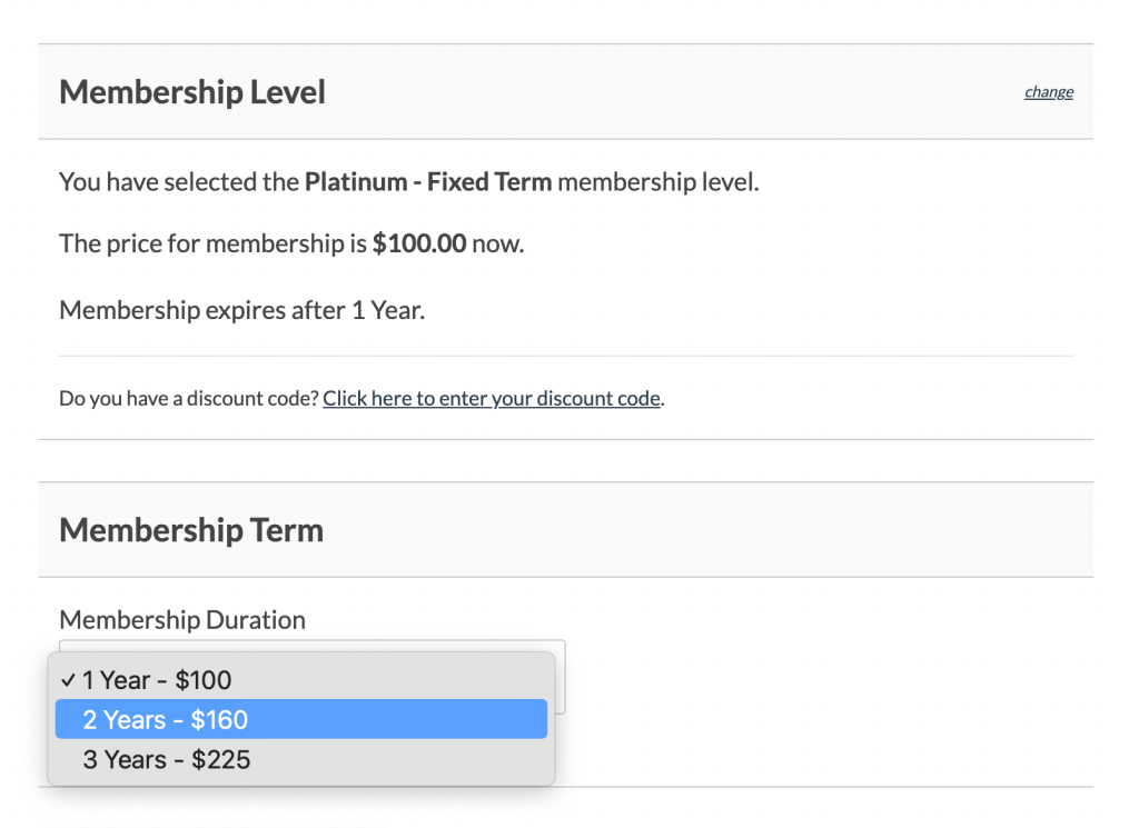 Membership level checkout with duration dropdown and discounted pricing listed