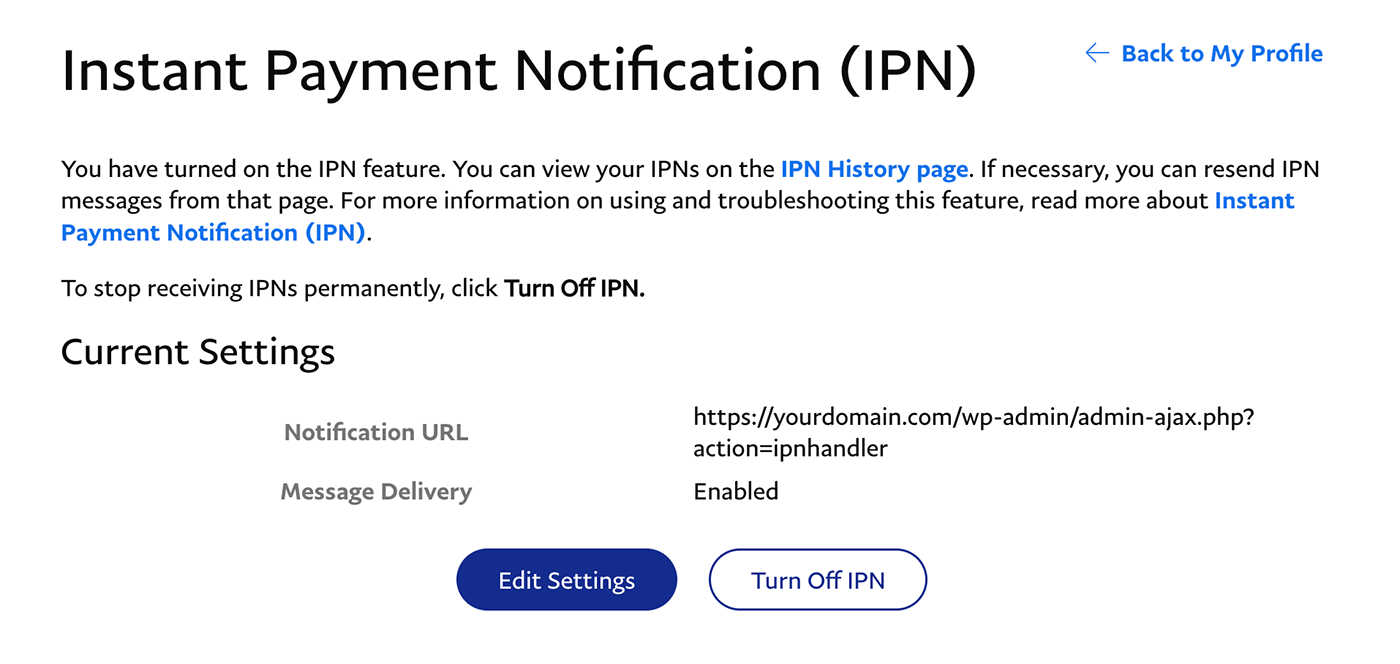 PayPal IPN Settings Page