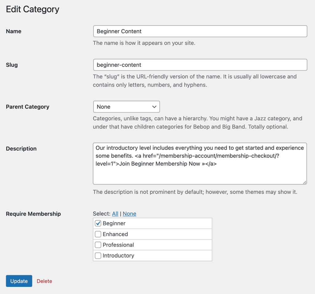 Navigate to Posts > Categories > Edit to protect a category by membership level.