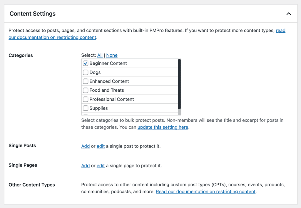 Edit Content Settings on the Memberships > Settings > Levels > Edit Level screen in the WordPress admin