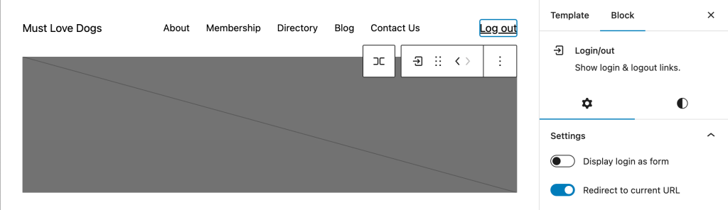 Screenshot of inserting the core WordPress Block "Login/out" in the menu area within the WordPress Block Editor