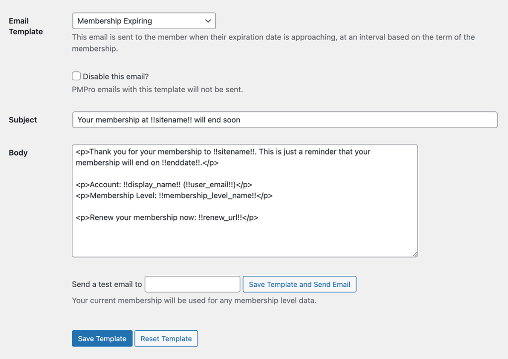 Screenshot of Memberships > Settings > Email Template in WordPress