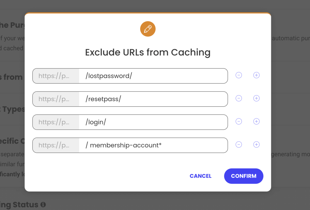 Screenshots of exclude URLs from caching examples