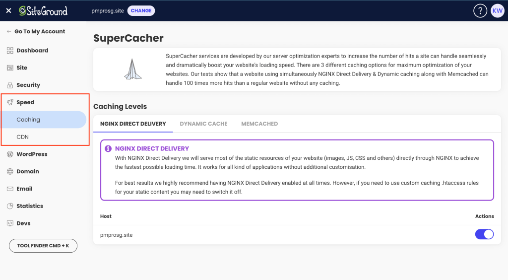 Screenshot of SuperCacher SiteGround speed settings