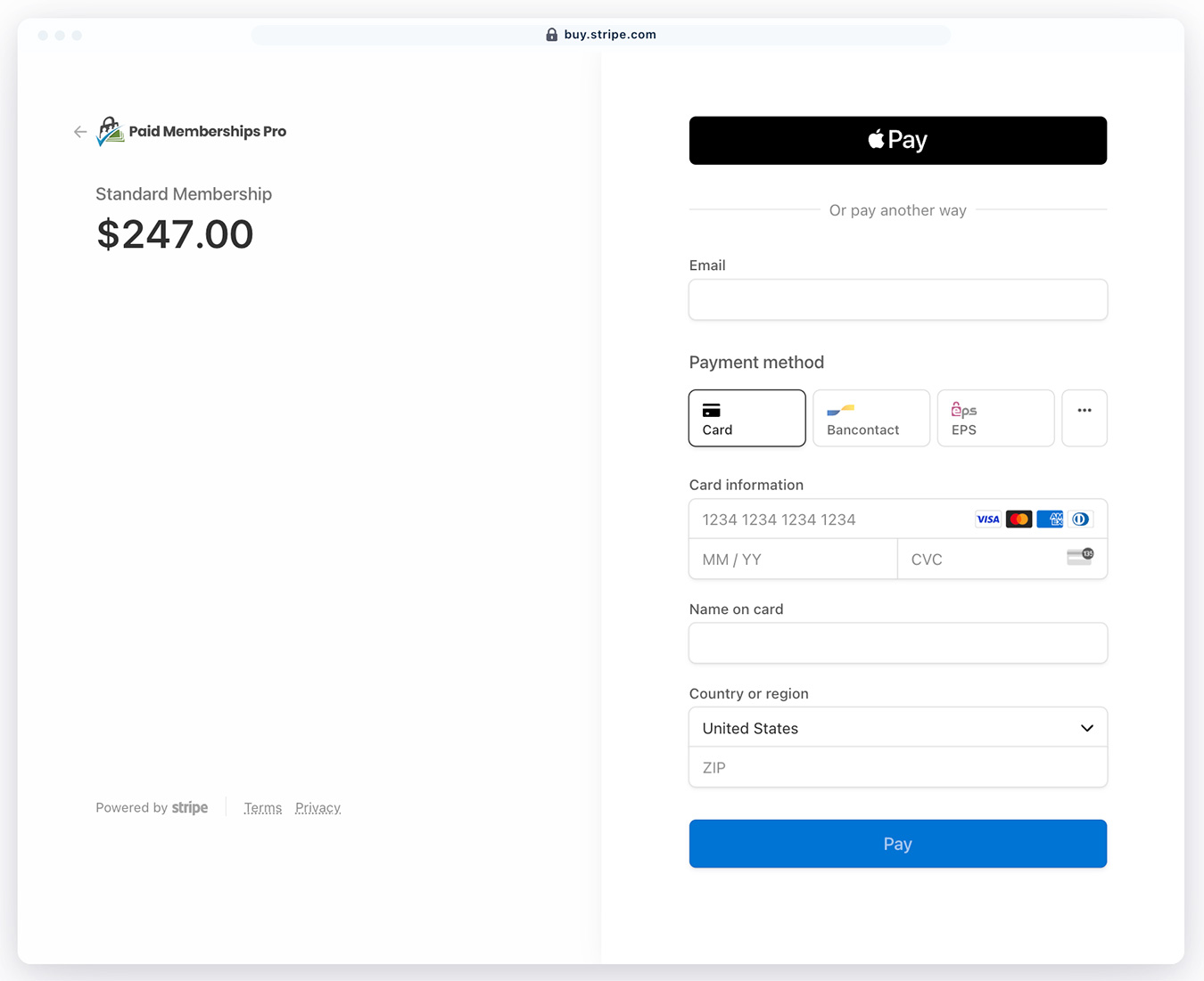 Screenshot of various payment methods with Stripe