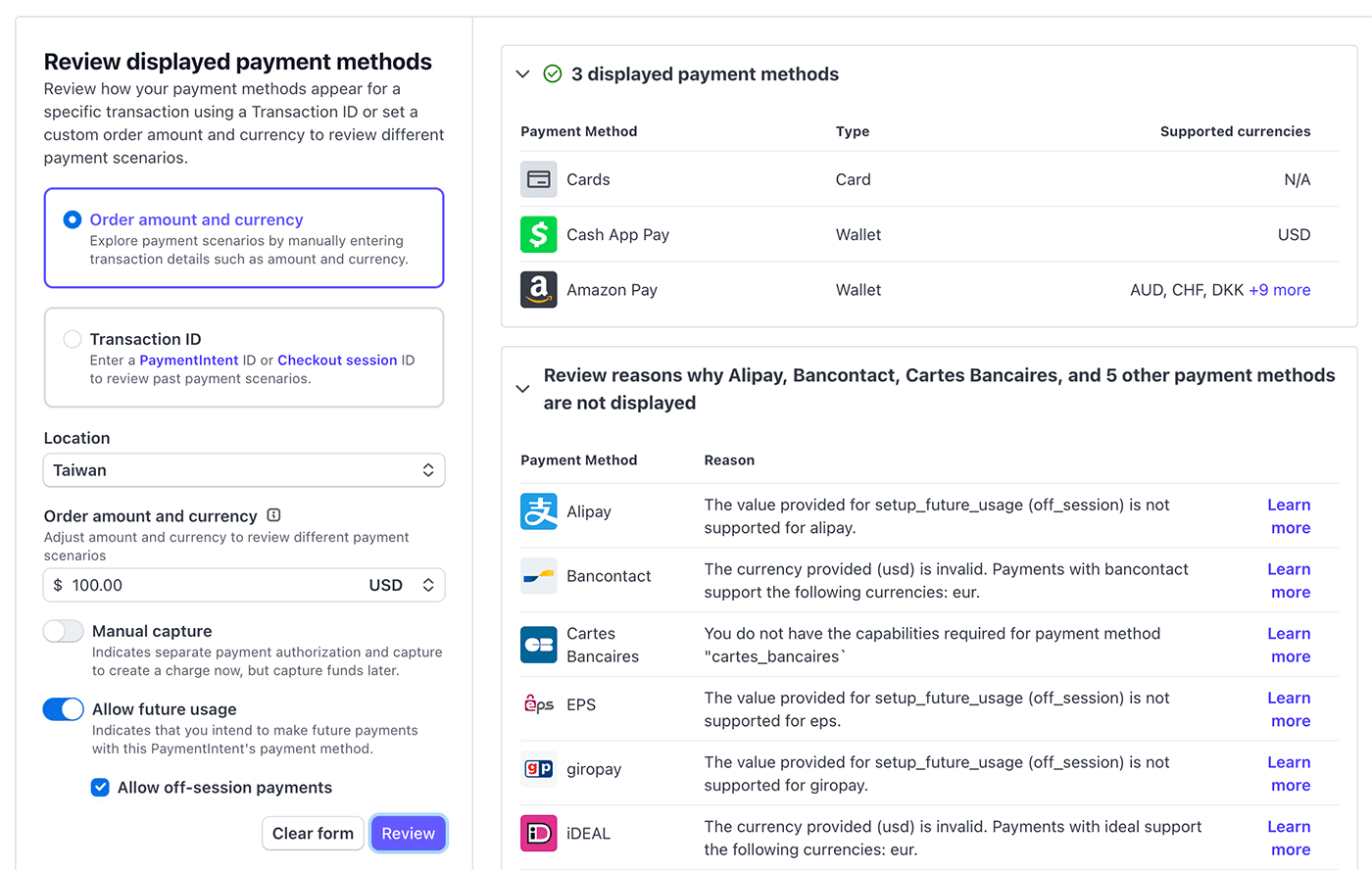 Example of the Stripe Payment Method testing tool to test how a checkout session for a recurring membership will look for a member in Taiwan