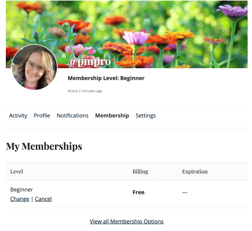 Screenshot of BuddyPress Membership Tab