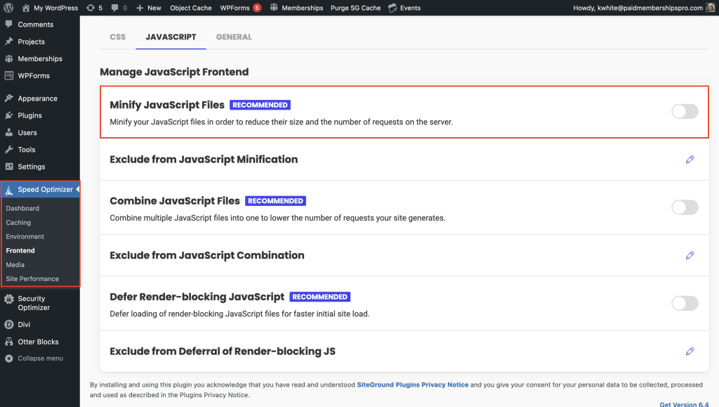 Screen shot showing where to find the Javascript files in Speed Optimizer