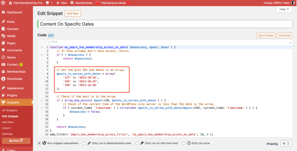 Screenshot showing the specific code you need to configure to have your content release on specific dates