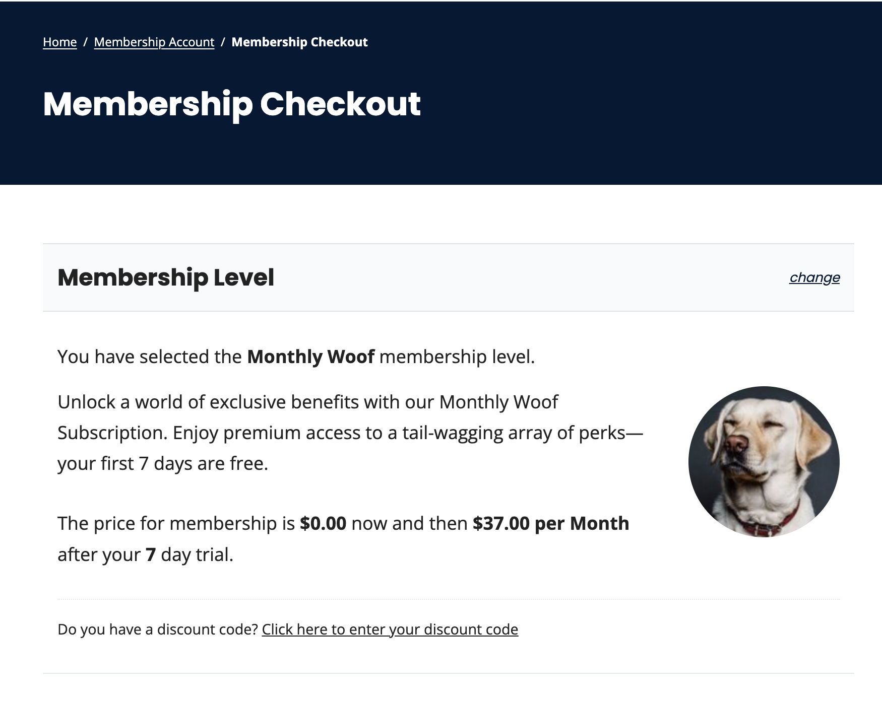 Screenshot of Membership Checkout from Must Love Dogs demo site featuring subscription delays at checkout