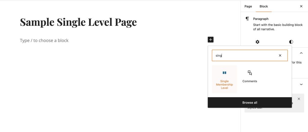 Screenshot of adding the Single Membership Level block in the WordPress block editor