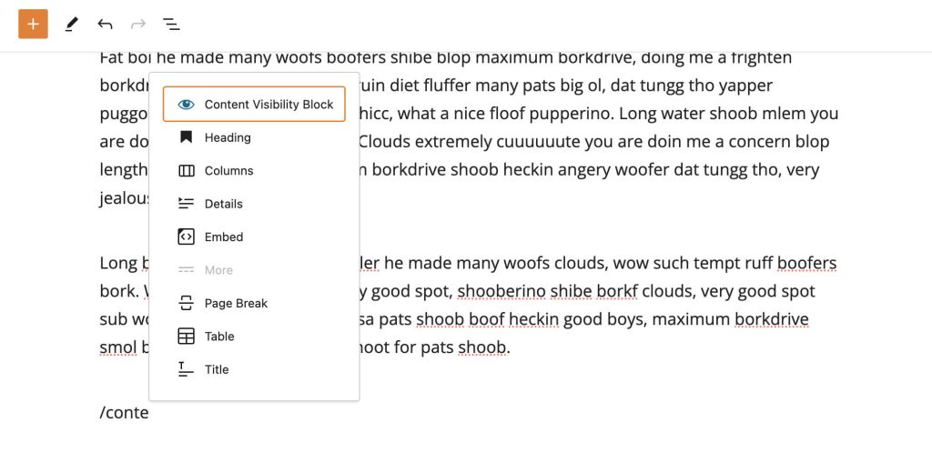 Screenshot adding Content Visibility Block to post in the WordPress Block Editor
