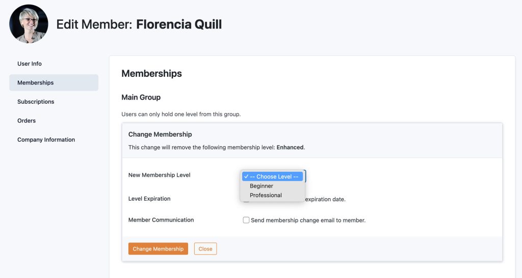 Screenshot of the Edit Member screen changing the membership level without the member holding a subscription