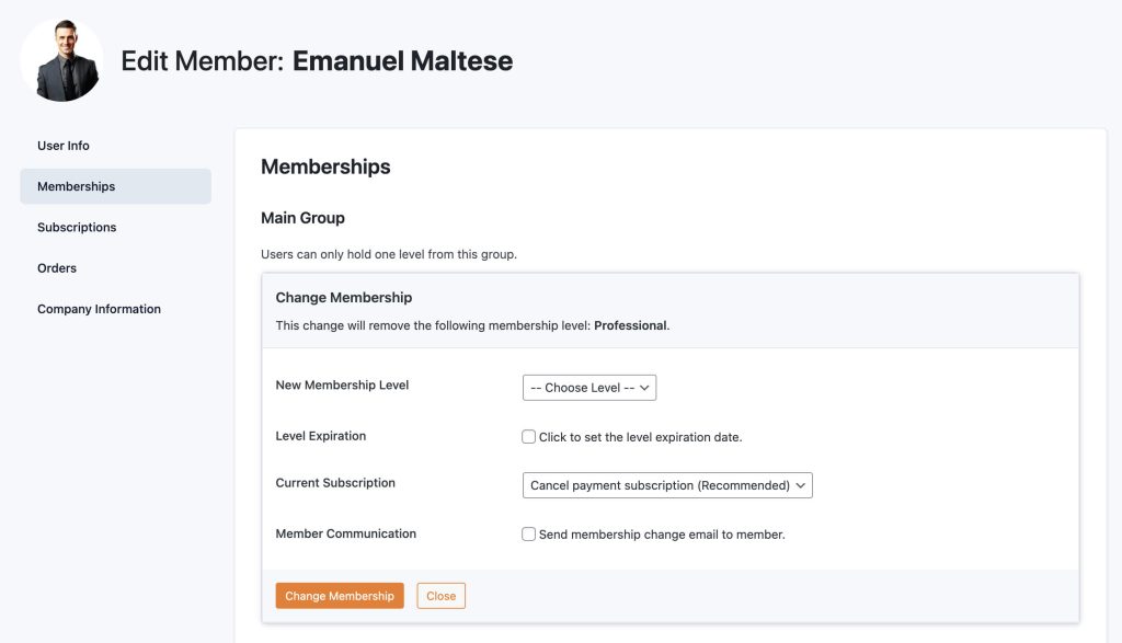 Screenshot of the Edit Member screen changing the membership level without the member holding a subscription