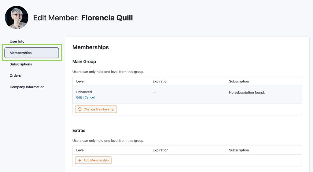 Screenshot of the Membership Panel within the Edit Member screen of Paid Memberships Pro