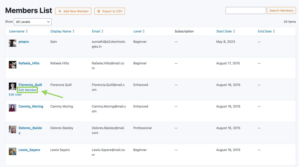 Screenshot of the Members List indicating where to locate the "Edit Member" button for an individual member