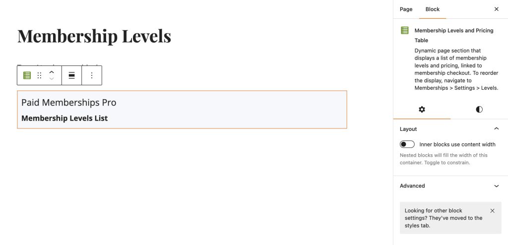 Membership Levels and Pricing Page block and settings