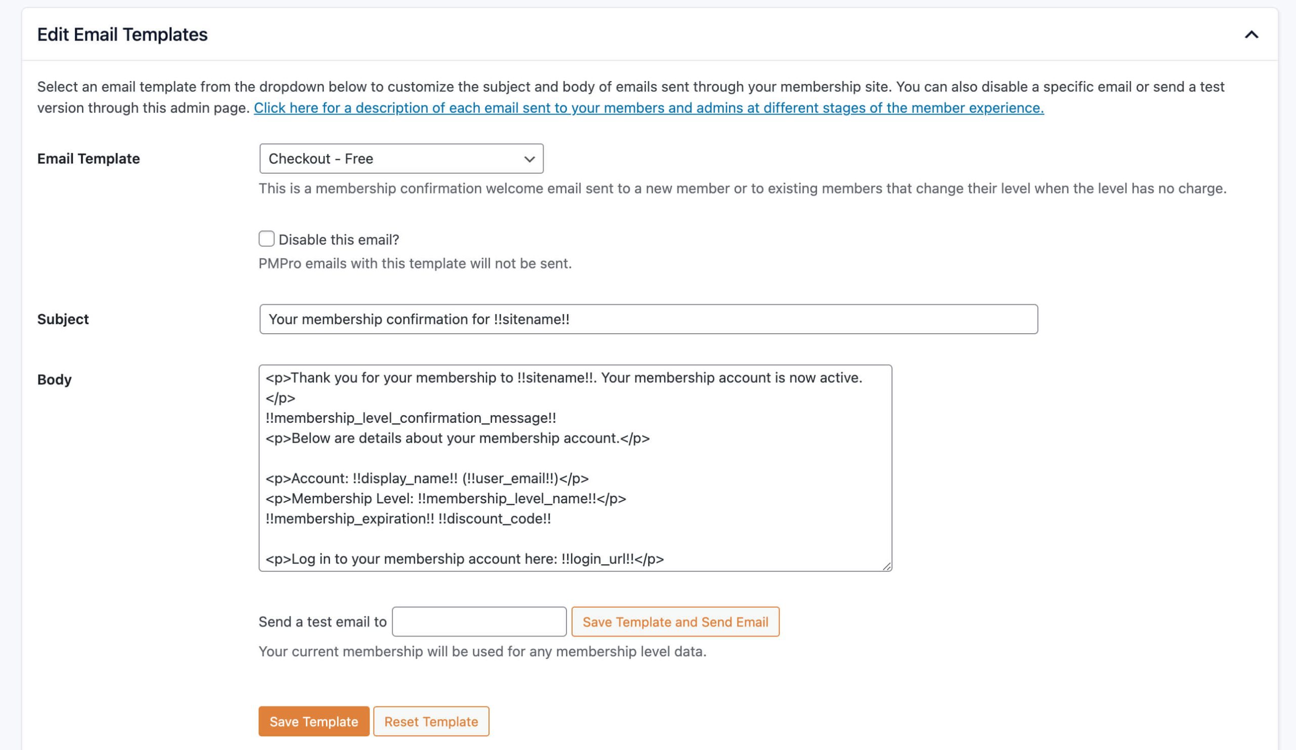 Screenshot of Editing Email Templates in Paid Memberships Pro settings