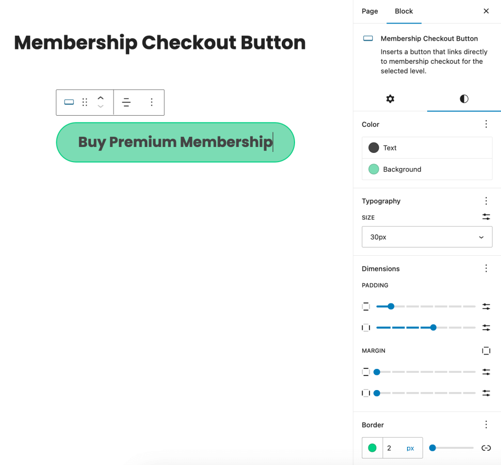 Membership Checkout Button block in the WordPress Block Editor with various Styles you can customize