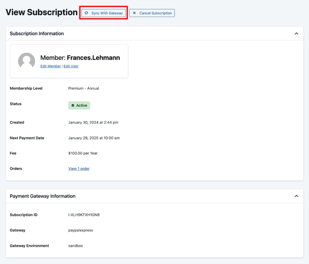 Screenshot of the sync with gateway button within Member subscription information page in the WordPress admin