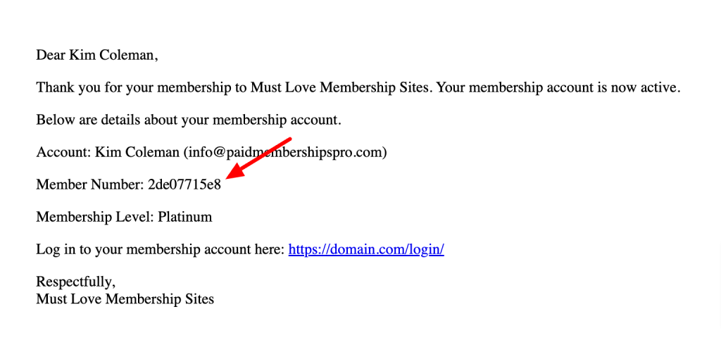 Screenshot of the member number displaying in the membership confirmation checkout email with Paid Memberships Pro