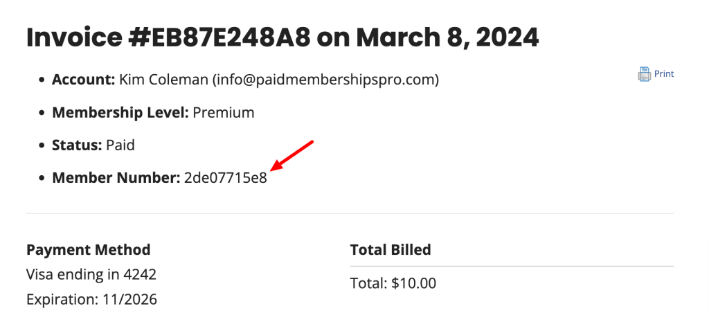Screenshot of the member number displaying on the membership invoice page in Paid Memberships Pro