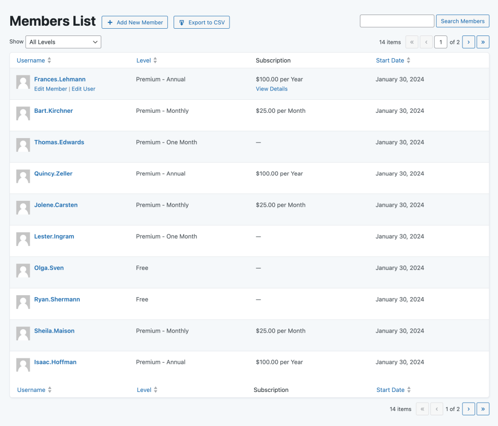 Screenshot of the Subscriptions showing on the Members List under Membership > Members