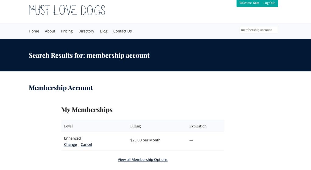 Screenshot of code recipe in use - membership account page shown in search results