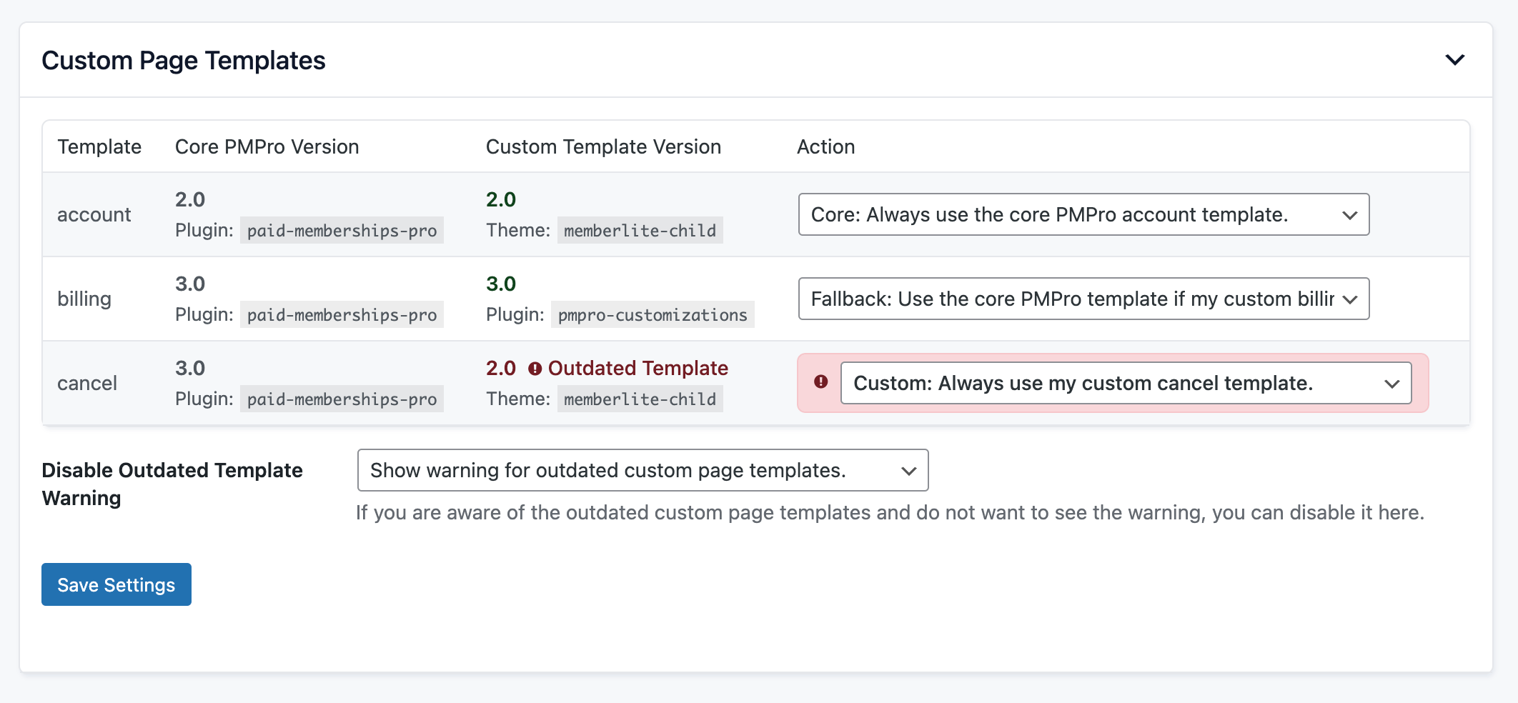 Custom Page Templates settings on the Memberships > Settings > Pages screen in the WordPress admin