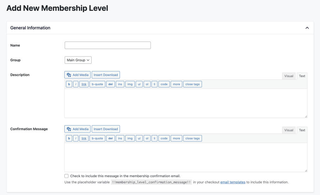 Screenshot of the general information setting options when adding a level in Paid Memberships Pro
