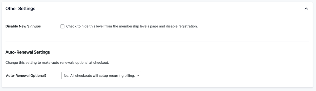 Screenshot of the other setting options when adding a level in Paid Memberships Pro