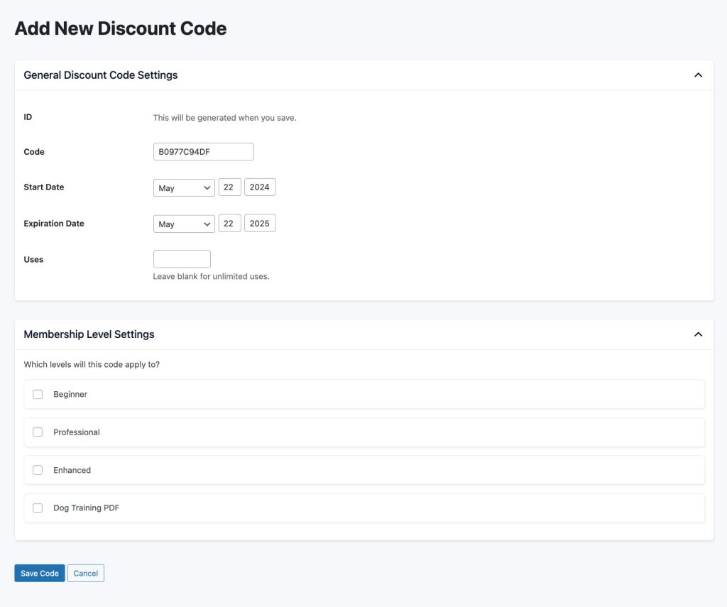 Screenshot of General Discount Code Settings and Membership Level Settings when Adding or Editing a Discount Code in Paid Memberships Pro