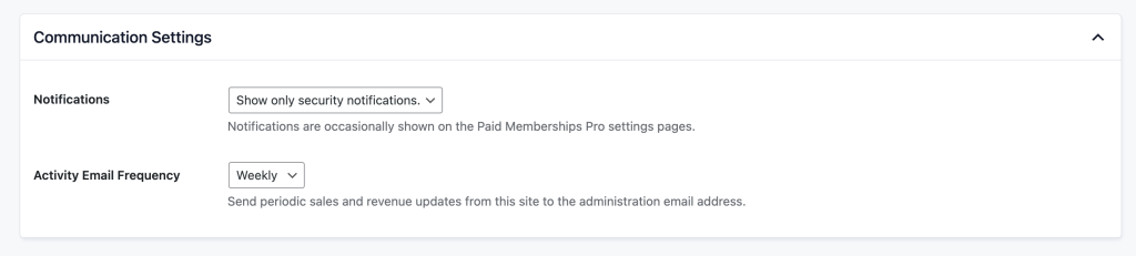 Screenshot of Communication Settings in Memberships > Settings > Advanced