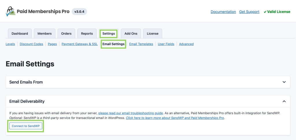 Screenshot of navigation to Connect to SendWP Email Deliverability Settings in Paid Memberships Pro Settings