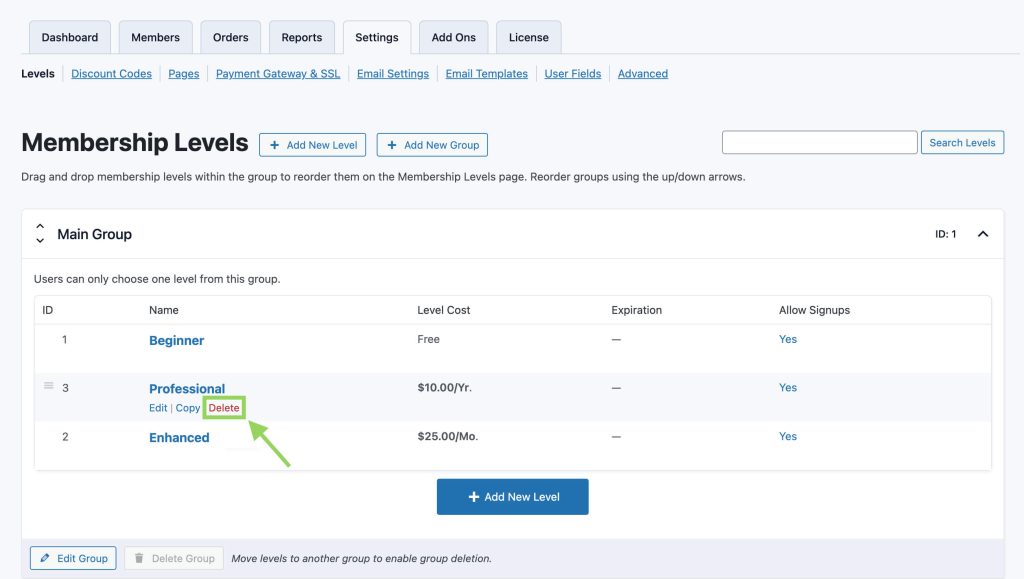 Screenshot of Membership Level settings emphasizing delete button