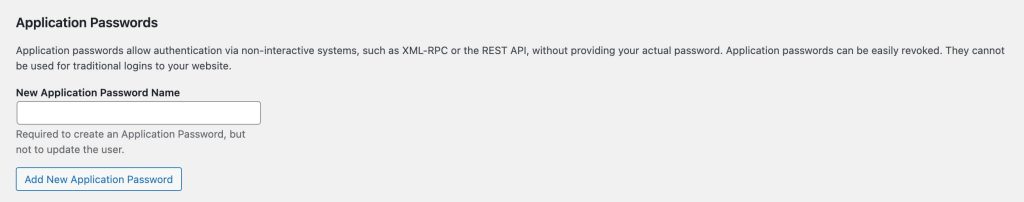 Screenshot of the Application Password Section in WordPress User > Edit User screen for Admin only