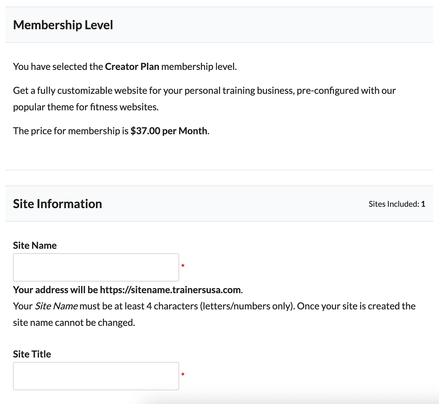 Screenshot of Membership Checkout where a member sets their site name with the PMPro Member Network Sites Add On