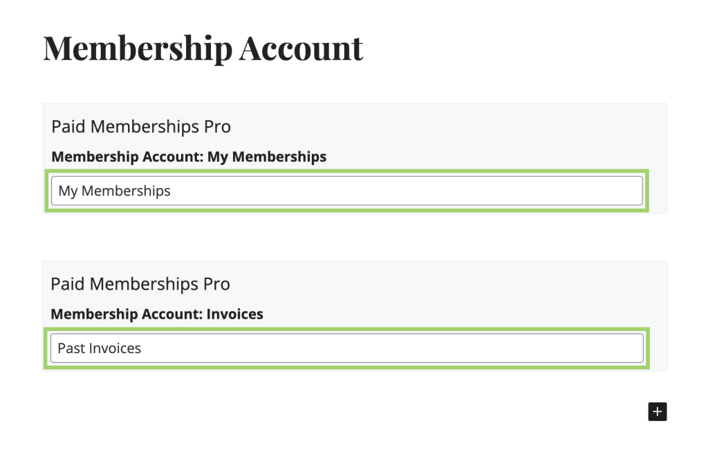 Screenshot of individual membership account blocks in the WordPress block editor