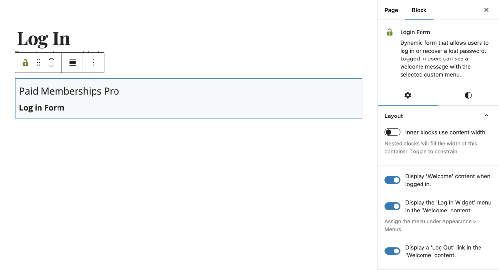 Screenshot of Membership Log In Form block in the WordPress block editor