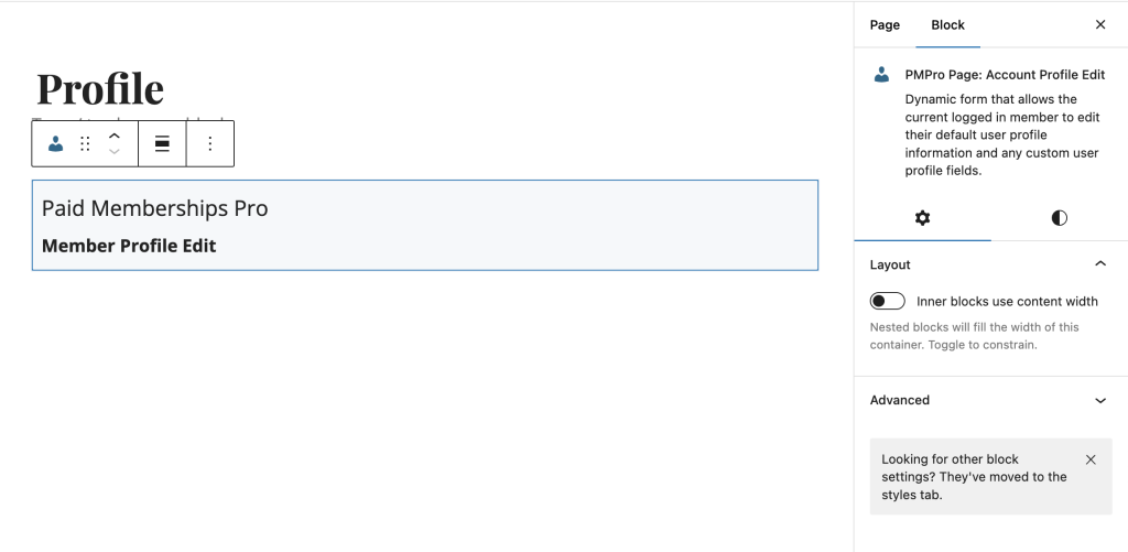 Screenshot of Membership Profile Edit Page block in the WordPress block editor
