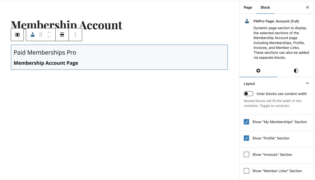 Screenshot of Membership Account Page block in the Block Editor of WordPress