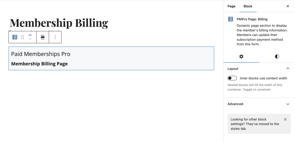 Screenshot of Membership Billing Page block in the WordPress block editor