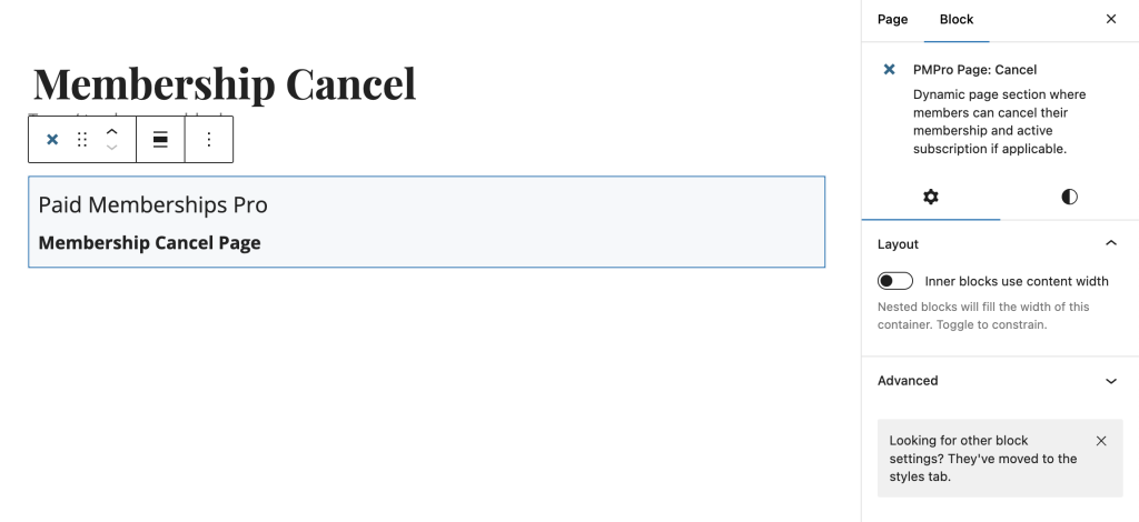 Screenshot of Membership Cancel Page block in the WordPress block editor