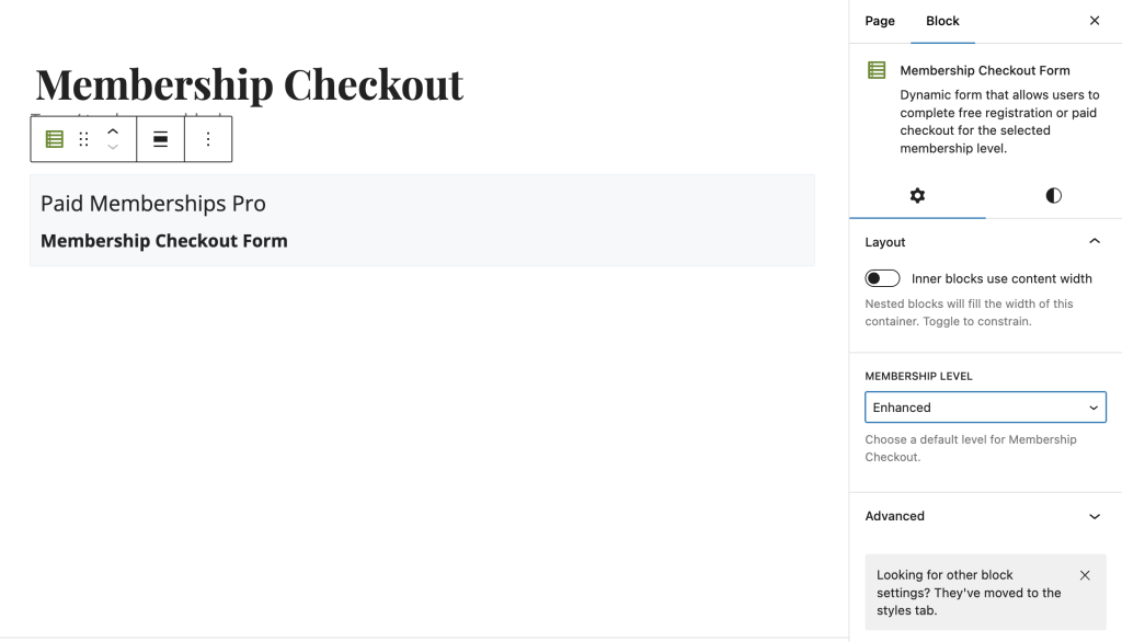 Screenshot of Membership Checkout Page block in the WordPress block editor